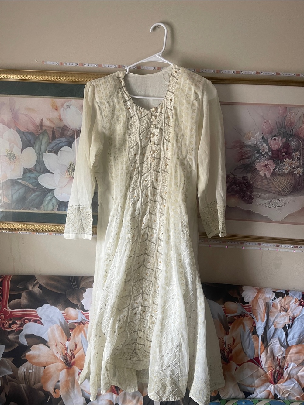 Cream Embroidered Womens Dress - Elegant Long Sleeve